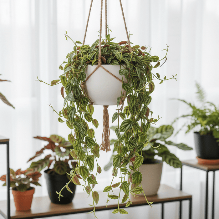 Trailing watermelon begonia care tips for healthy hanging houseplants in a bright indoor garden setting