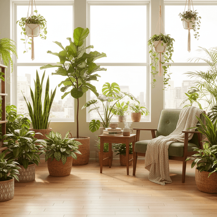 Bright living room filled with lush house plants in woven baskets for home and garden inspiration