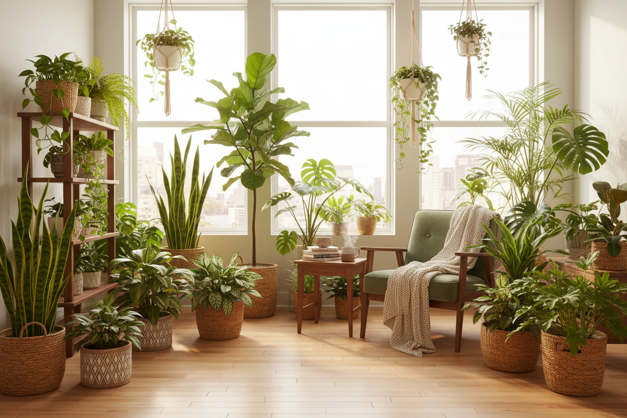 Bright living room filled with lush house plants in woven baskets for home and garden inspiration