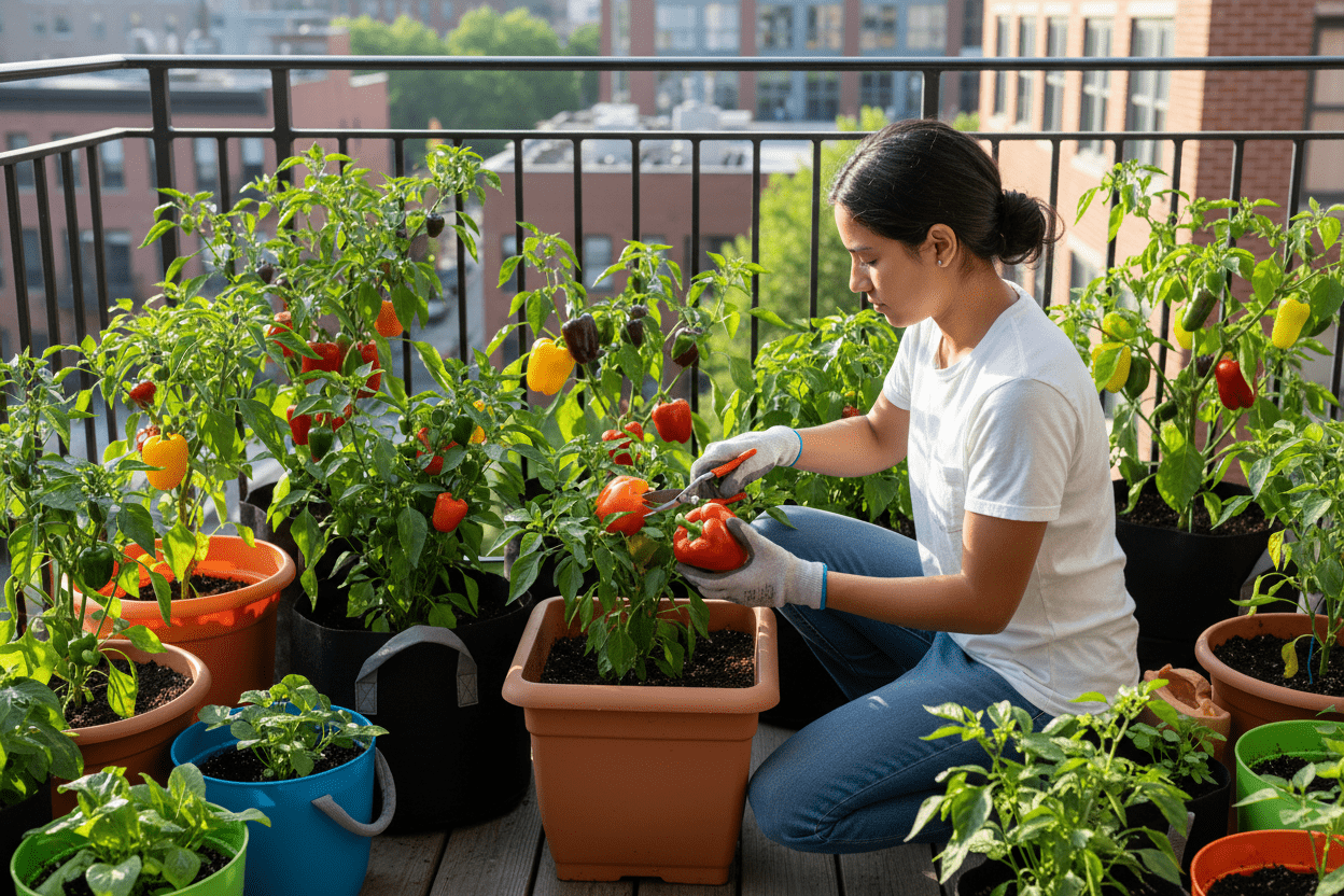 Woman harvesting bell peppers on a balcony garden, showing tips for growing peppers in containers