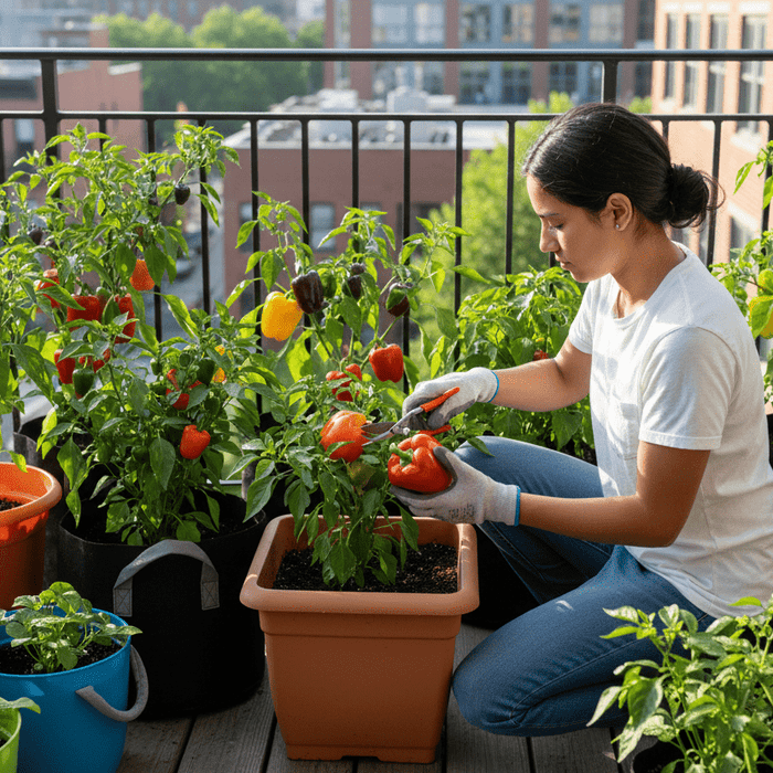 Woman harvesting bell peppers on a balcony garden, showing tips for growing peppers in containers