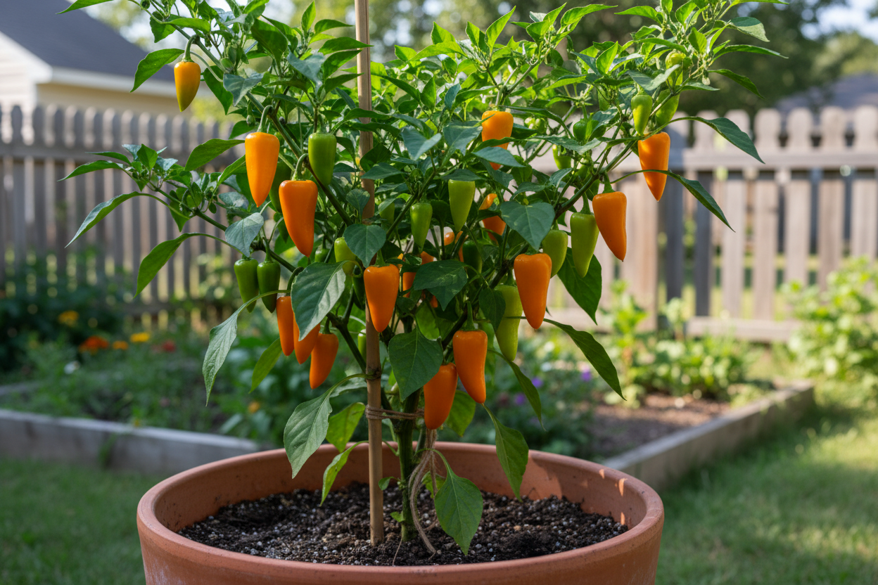 Aji amarillo peppers growing in a pot in a backyard garden showing how to grow aji amarillo peppers at home