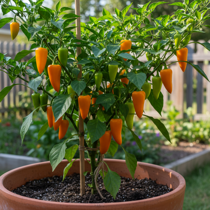 Aji amarillo peppers growing in a pot in a backyard garden showing how to grow aji amarillo peppers at home