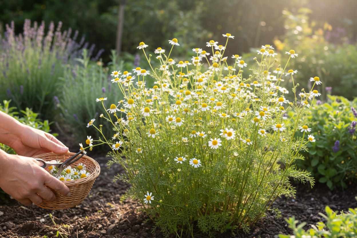 Harvesting fresh blooms in a backyard garden shows how to grow chamomile for home gardeners