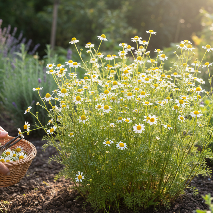 Harvesting fresh blooms in a backyard garden shows how to grow chamomile for home gardeners