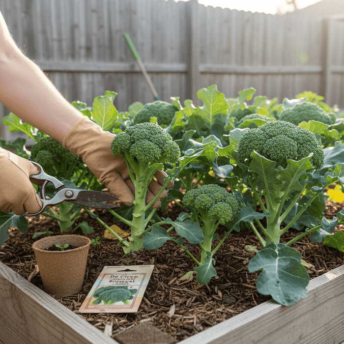 Harvesting fresh broccoli in a raised bed using the heirloom broccoli growing guide for home gardeners