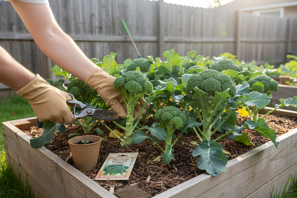 Harvesting fresh broccoli in a raised bed using the heirloom broccoli growing guide for home gardeners