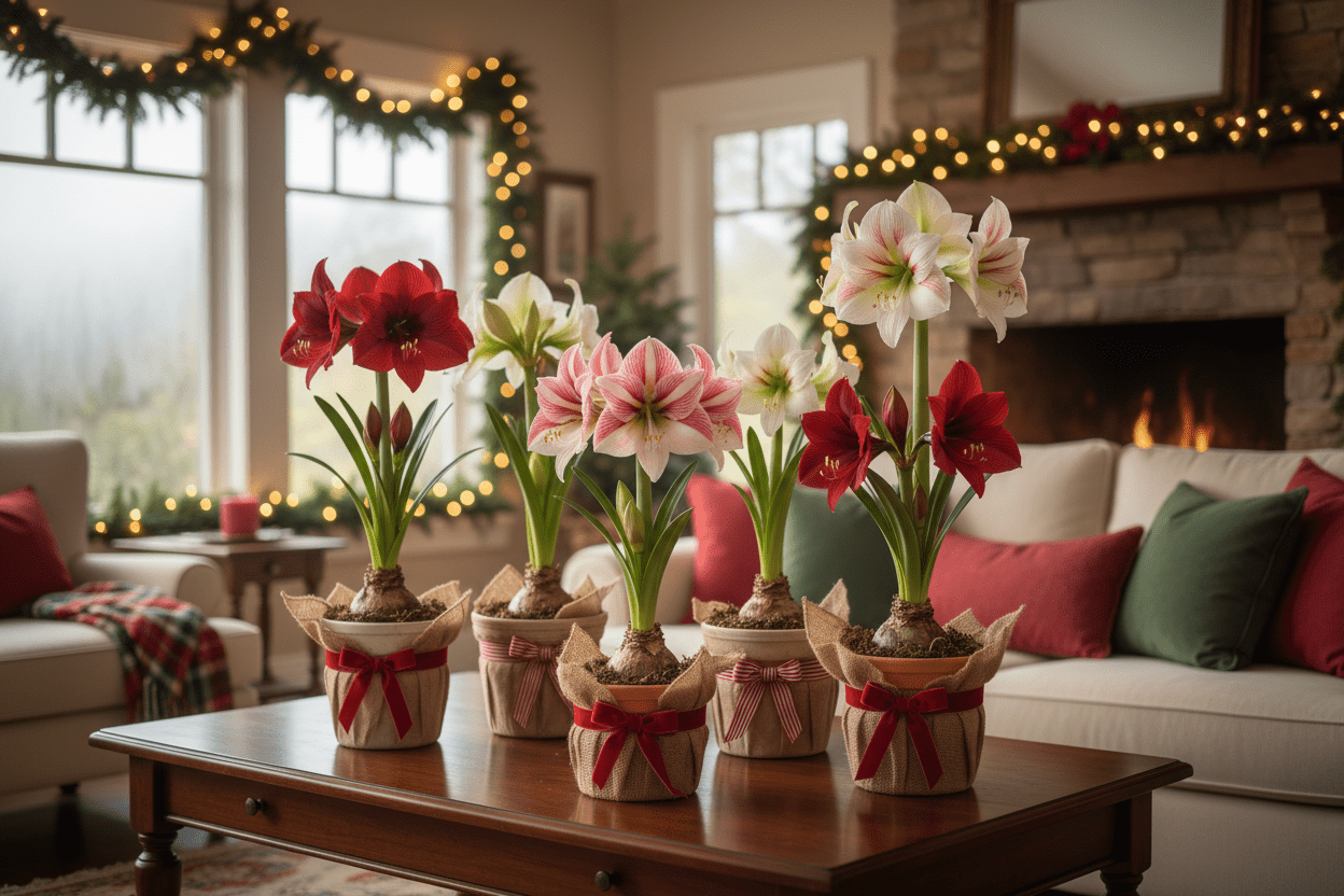 Holiday amaryllis bulbs in festive pots brighten a cozy living room for seasonal home garden inspiration