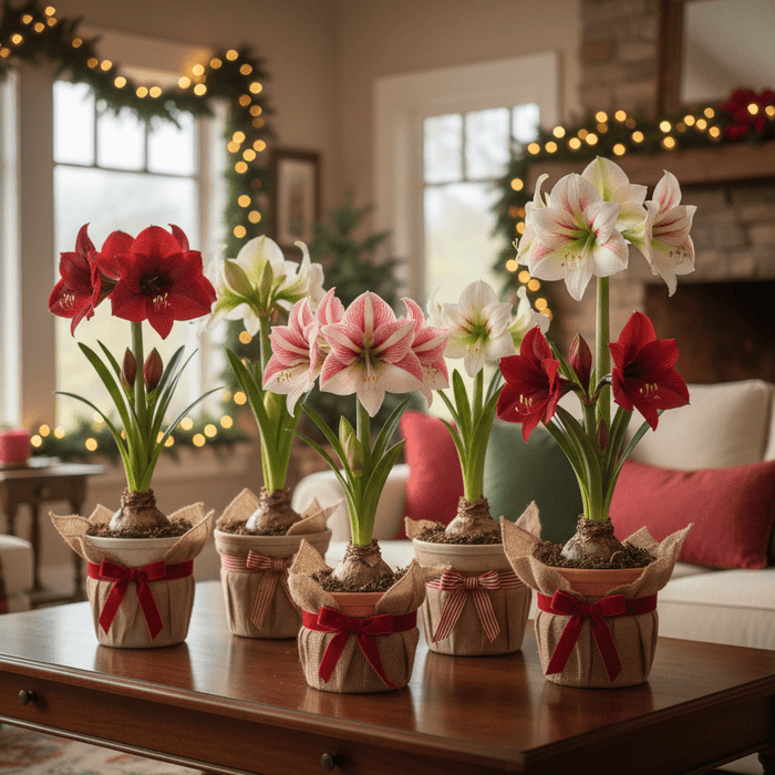 Holiday amaryllis bulbs in festive pots brighten a cozy living room for seasonal home garden inspiration