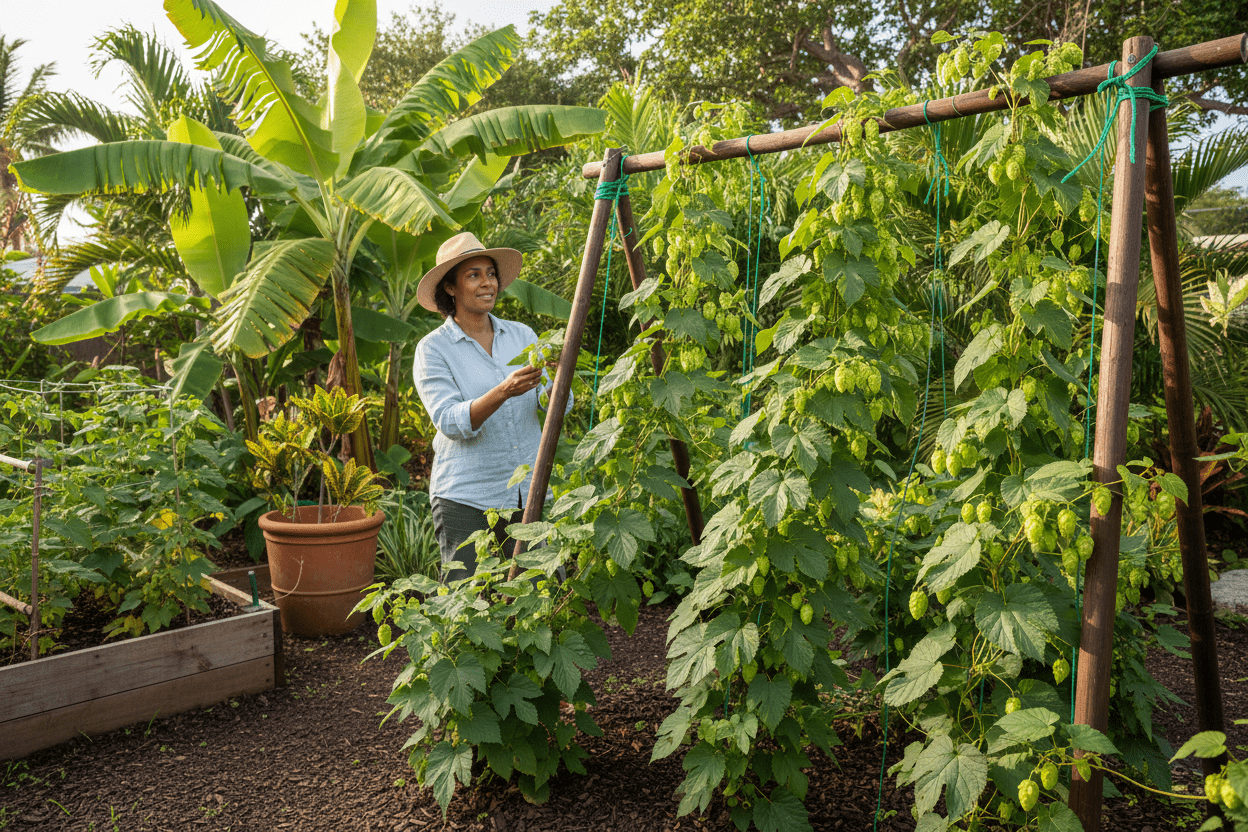 Caribbean home gardener tending hops vines, showing how to grow hops in a tropical backyard garden