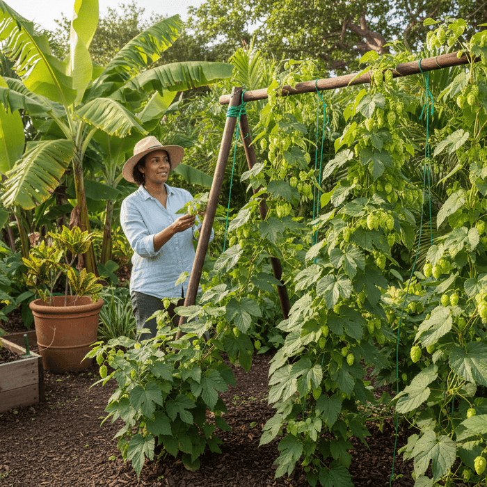 Caribbean home gardener tending hops vines, showing how to grow hops in a tropical backyard garden
