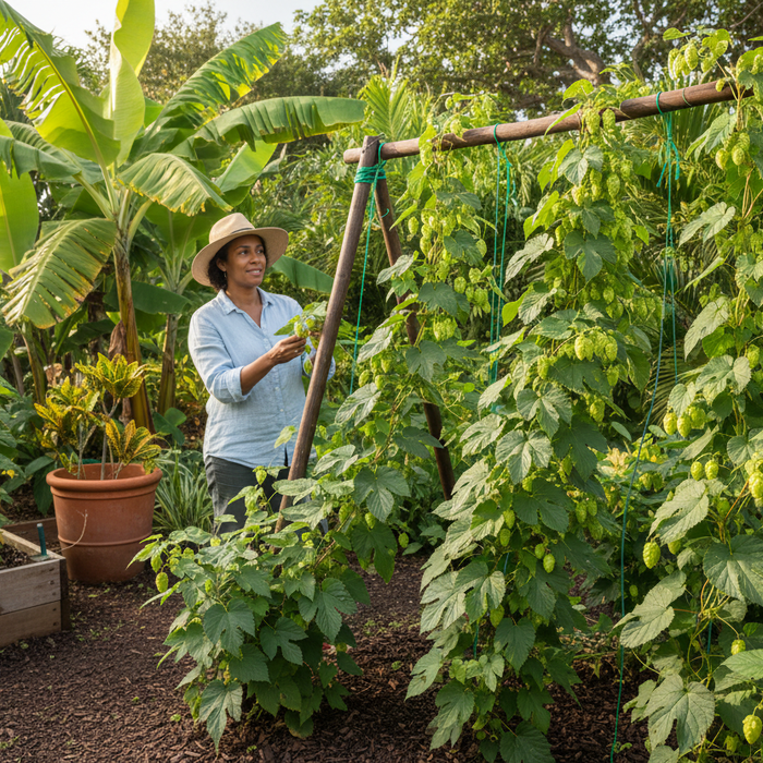 Caribbean home gardener tending hops vines, showing how to grow hops in a tropical backyard garden