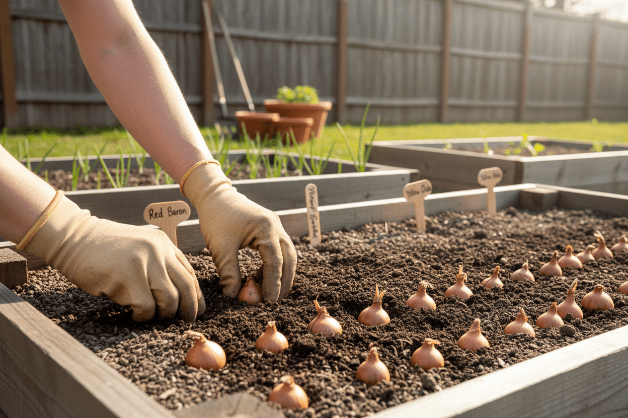 Planting onion bulbs in raised garden beds for growing onion sets at home or in the backyard