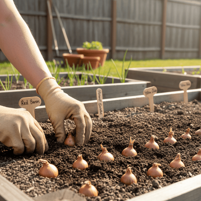 Planting onion bulbs in raised garden beds for growing onion sets at home or in the backyard