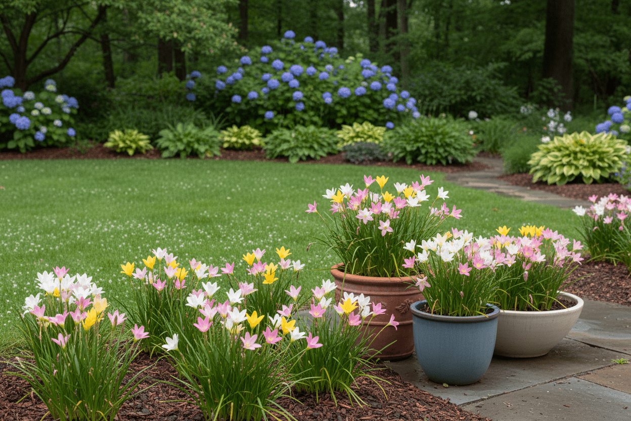 Colorful potted rain lilies blooming on a patio, perfect for a home gardener’s rain lily care guide