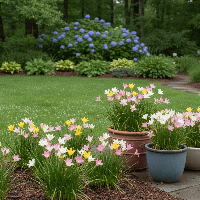 Colorful potted rain lilies blooming on a patio, perfect for a home gardener’s rain lily care guide