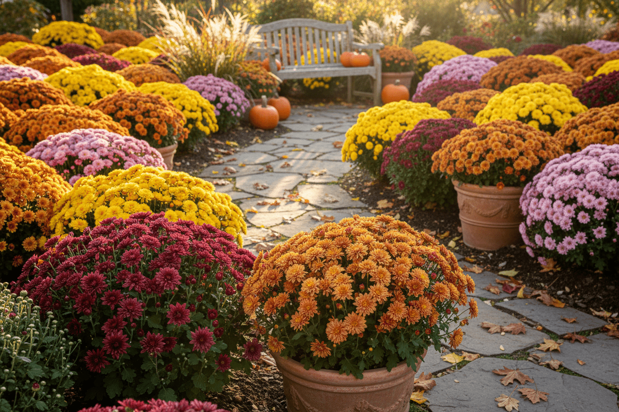 Colorful mums in pots and garden beds create a vibrant fall display for home and garden inspiration