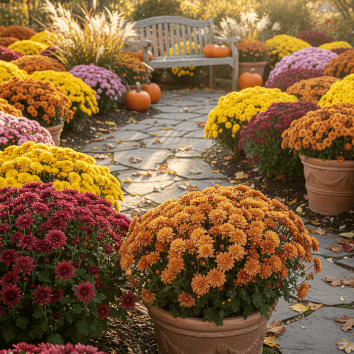 Colorful mums in pots and garden beds create a vibrant fall display for home and garden inspiration