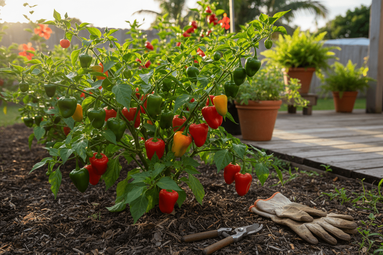 Colorful Trinidad seasoning peppers growing in a backyard garden, perfect for home gardeners and patio growers