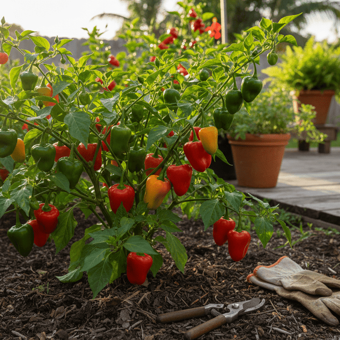 Colorful Trinidad seasoning peppers growing in a backyard garden, perfect for home gardeners and patio growers