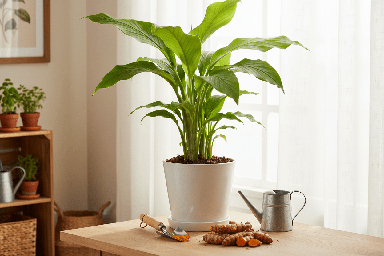 Growing turmeric at home in a bright kitchen with potted plant, fresh roots, and gardening tools