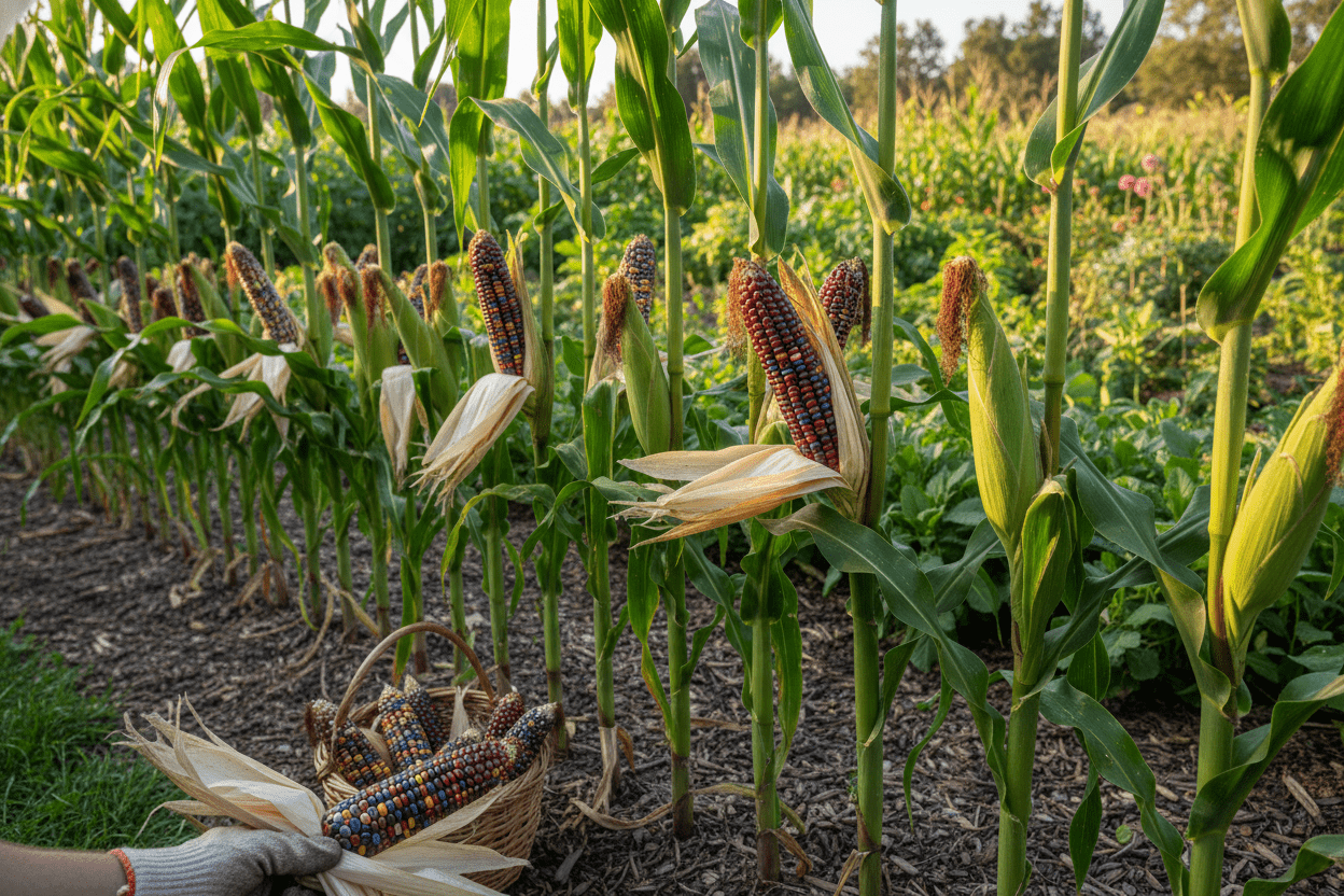Colorful ears of popcorn on stalks in a backyard garden, perfect for a colored popcorn growing guide