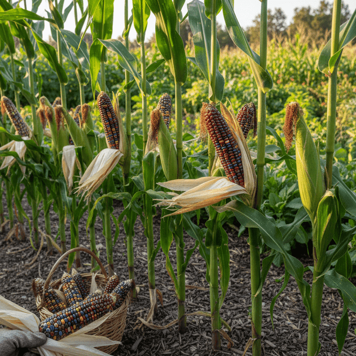Colorful ears of popcorn on stalks in a backyard garden, perfect for a colored popcorn growing guide