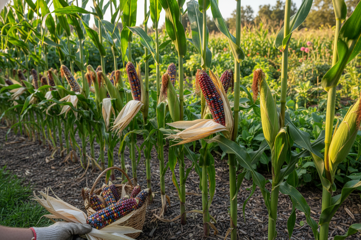 Colorful ears of popcorn on stalks in a backyard garden, perfect for a colored popcorn growing guide