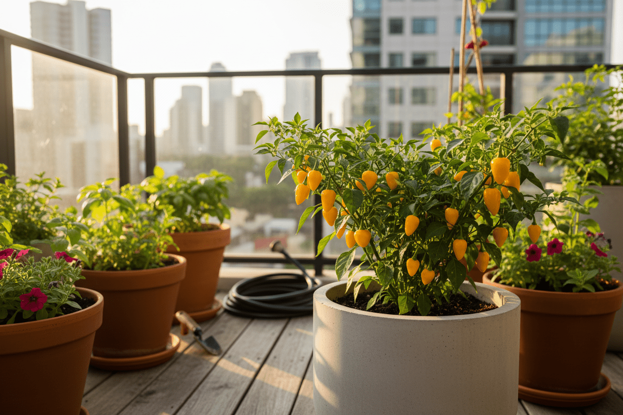 Yellow biquinho pepper plants thriving in patio containers for home gardeners and backyard garden inspiration