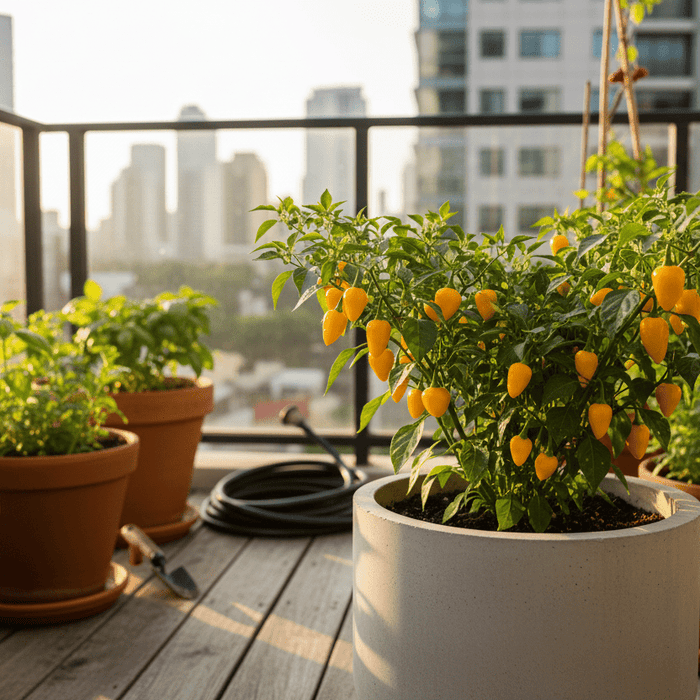 Yellow biquinho pepper plants thriving in patio containers for home gardeners and backyard garden inspiration