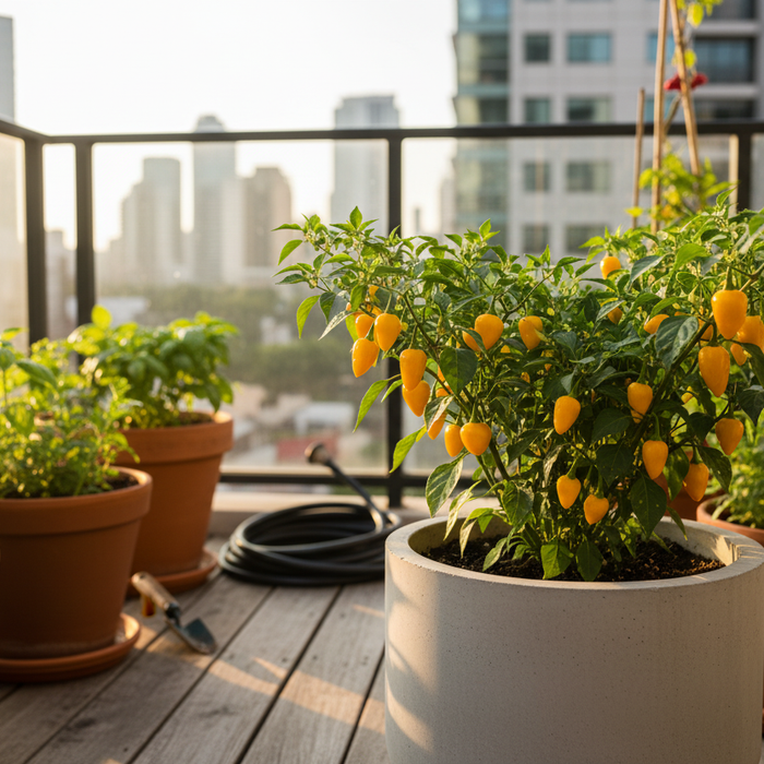 Yellow biquinho pepper plants thriving in patio containers for home gardeners and backyard garden inspiration