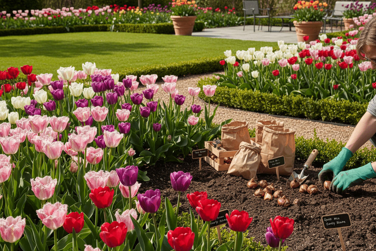 Colorful tulip beds and gardener planting bulbs for all season tulip planting inspiration in home gardens