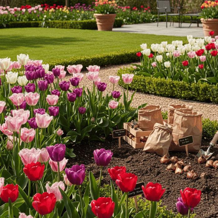 Colorful tulip beds and gardener planting bulbs for all season tulip planting inspiration in home gardens