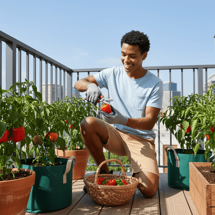 Smiling gardener harvesting peppers in containers on a sunny balcony, showcasing container pepper gardening success