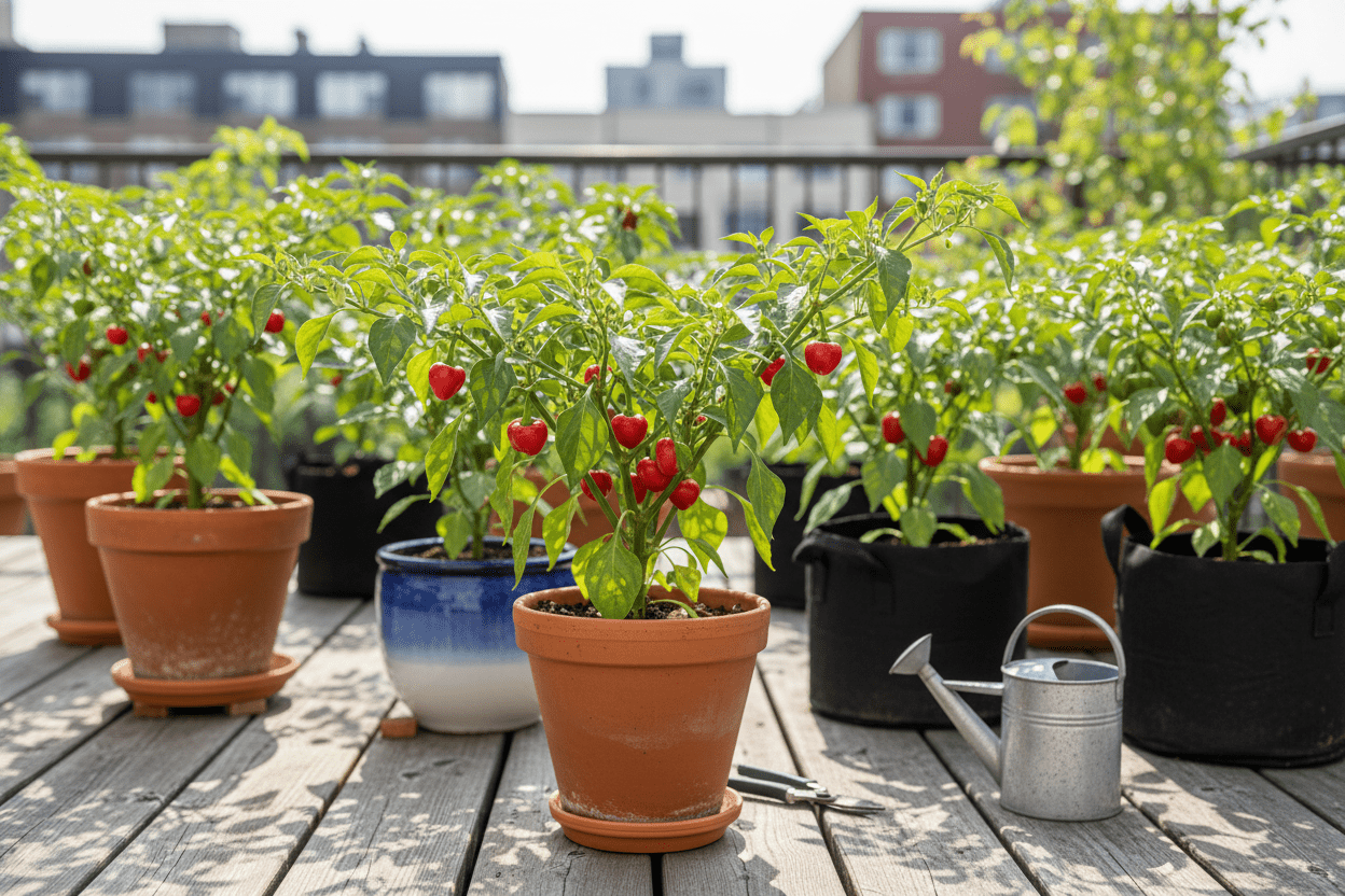 Container pepper gardening on a sunny patio with healthy pepper plants and fresh red peppers growing in pots