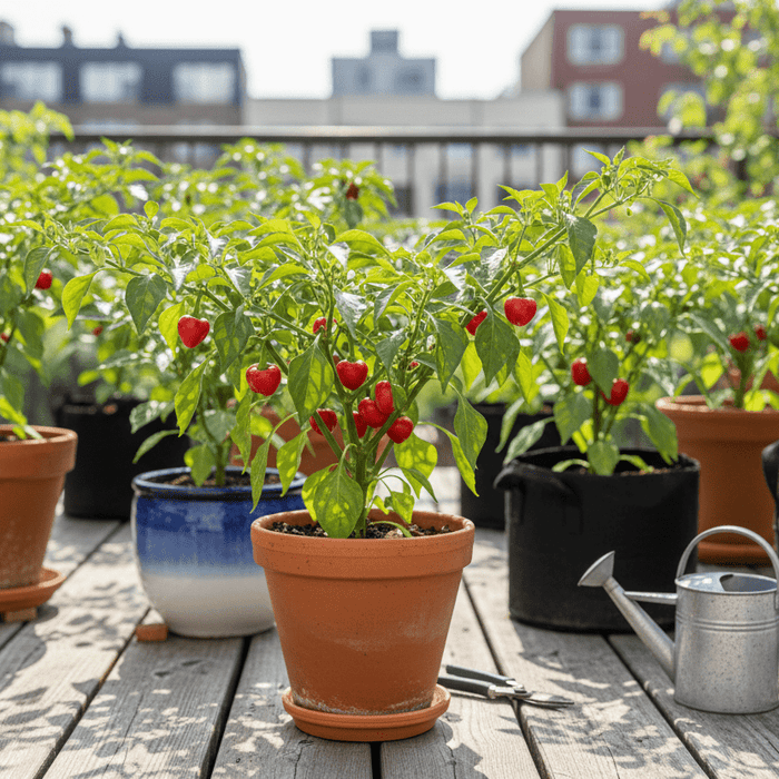 Container pepper gardening on a sunny patio with healthy pepper plants and fresh red peppers growing in pots