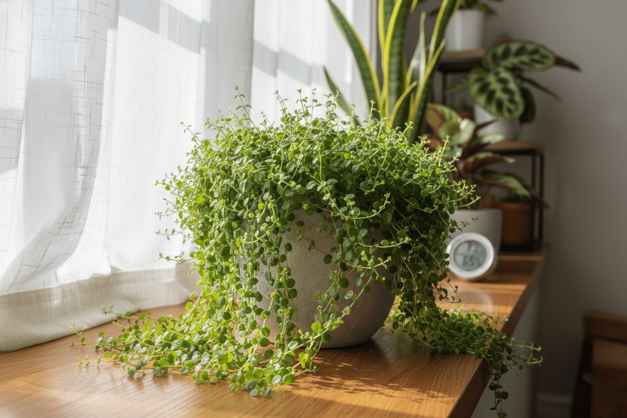 Bright indoor pilea plant thriving on a sunny windowsill, showing easy indoor pilea plant care tips