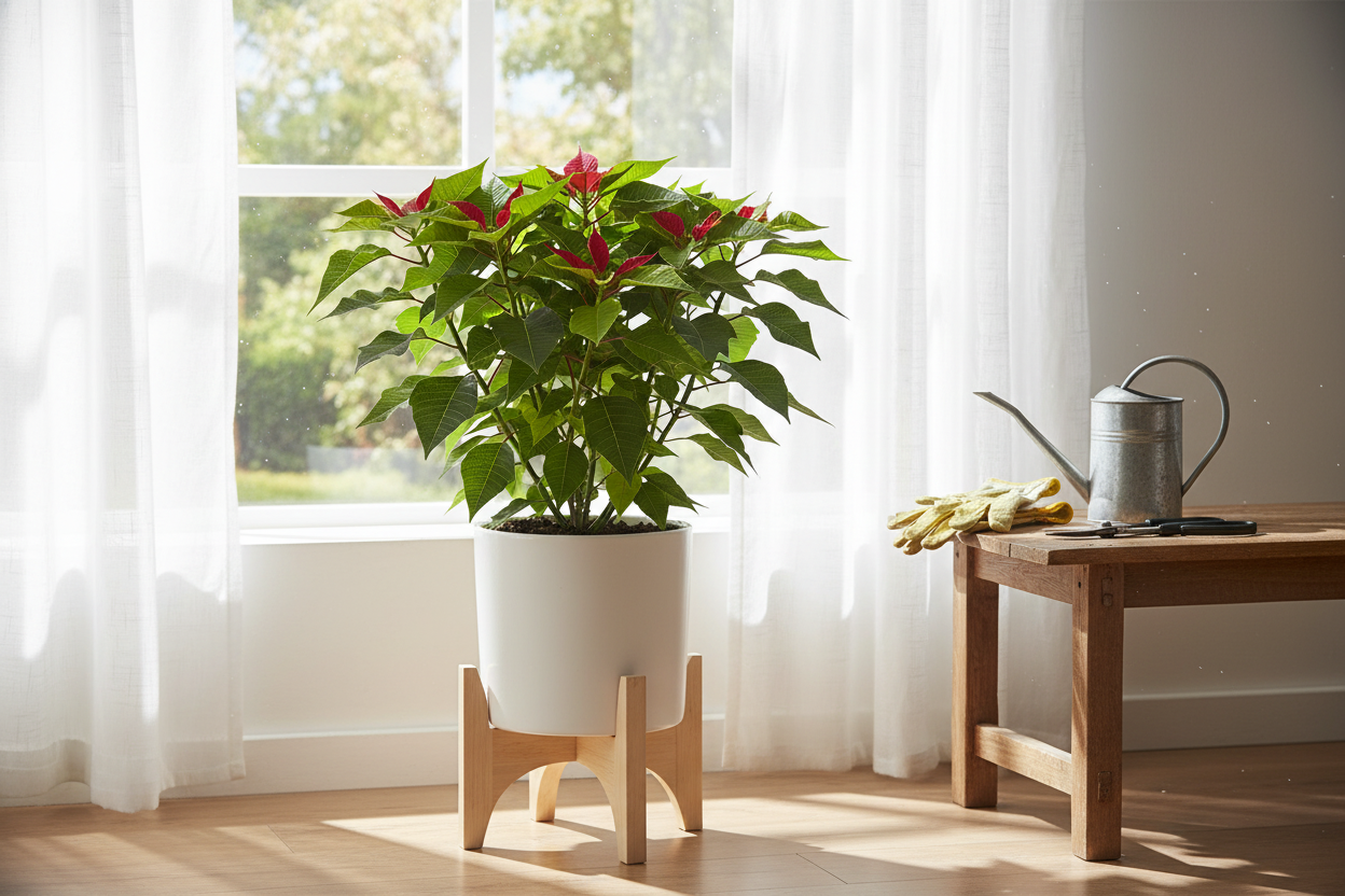 Poinsettia care after Christmas with healthy indoor plant by sunny window, watering can, and gardening gloves