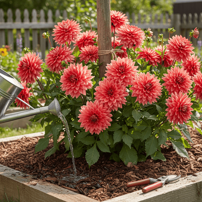 Watering vibrant dahlias in a raised bed highlights essential summer dahlia care for home gardeners