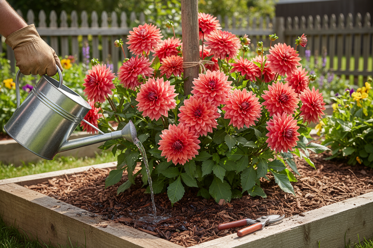 Watering vibrant dahlias in a raised bed highlights essential summer dahlia care for home gardeners