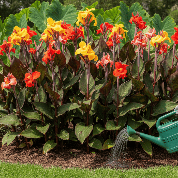 Watering vibrant canna lilies in a garden bed to demonstrate tropical canna lily care tips