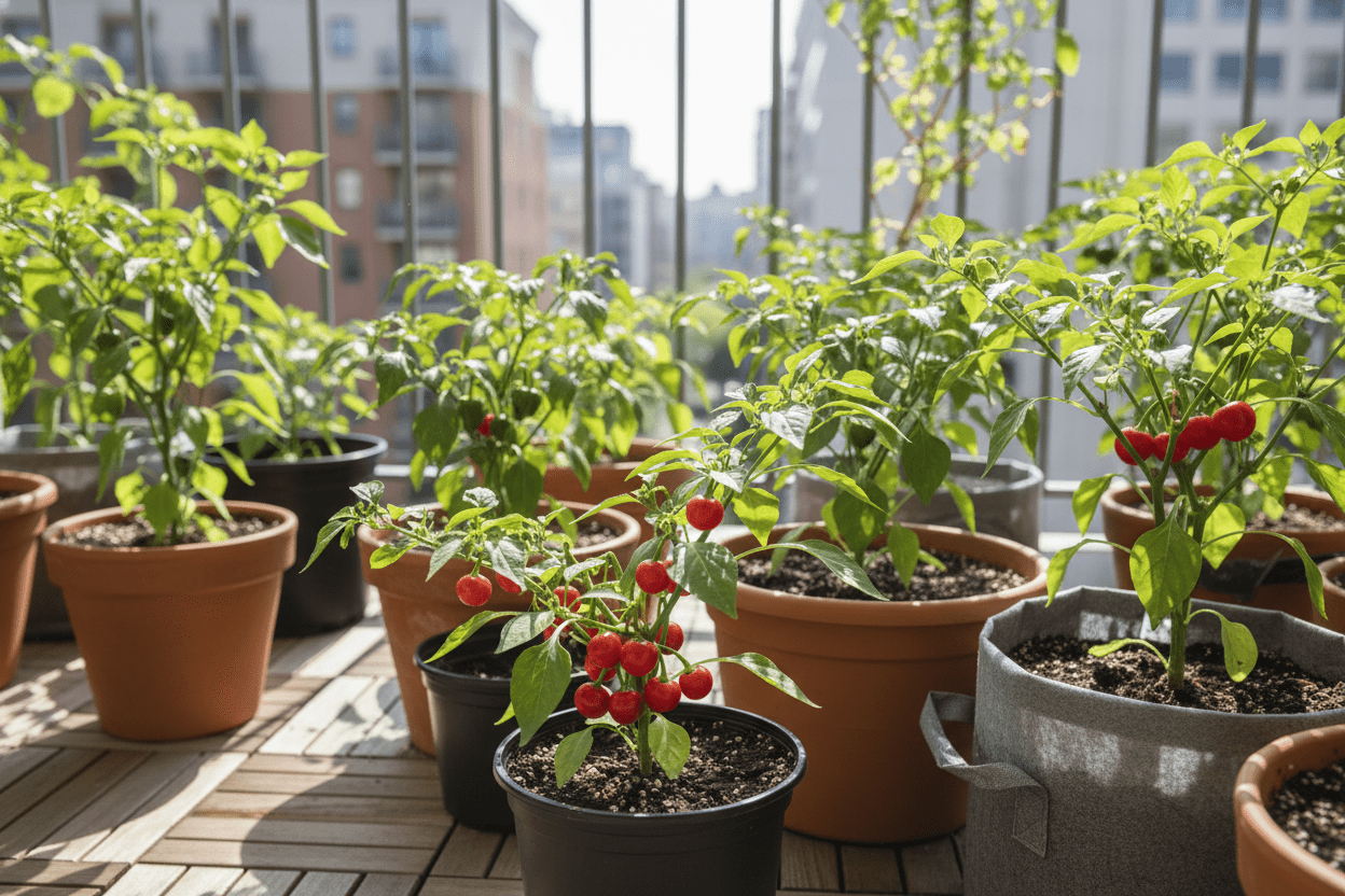 Container pepper gardening with vibrant pepper plants thriving in pots on a sunny patio balcony