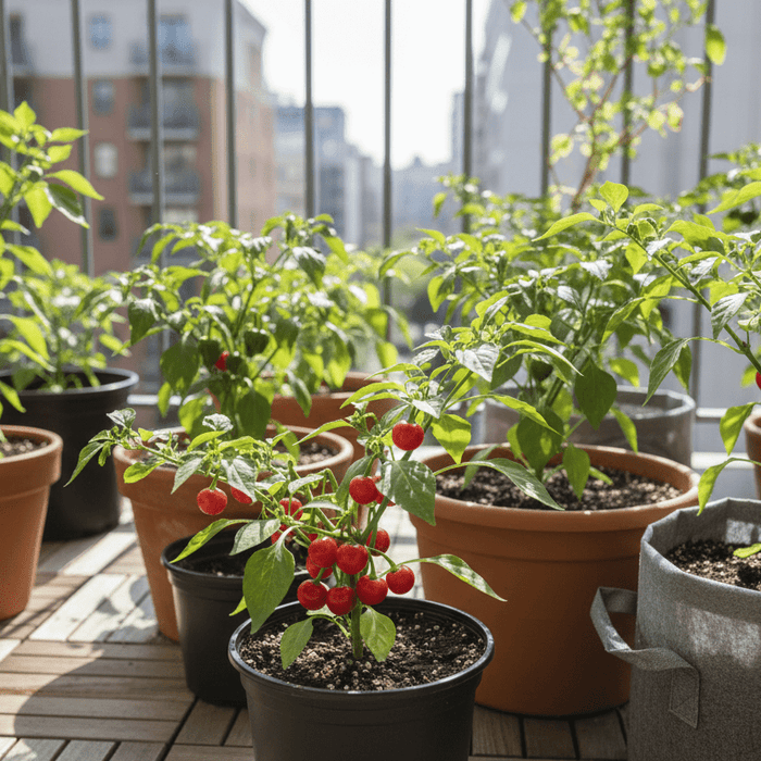 Container pepper gardening with vibrant pepper plants thriving in pots on a sunny patio balcony