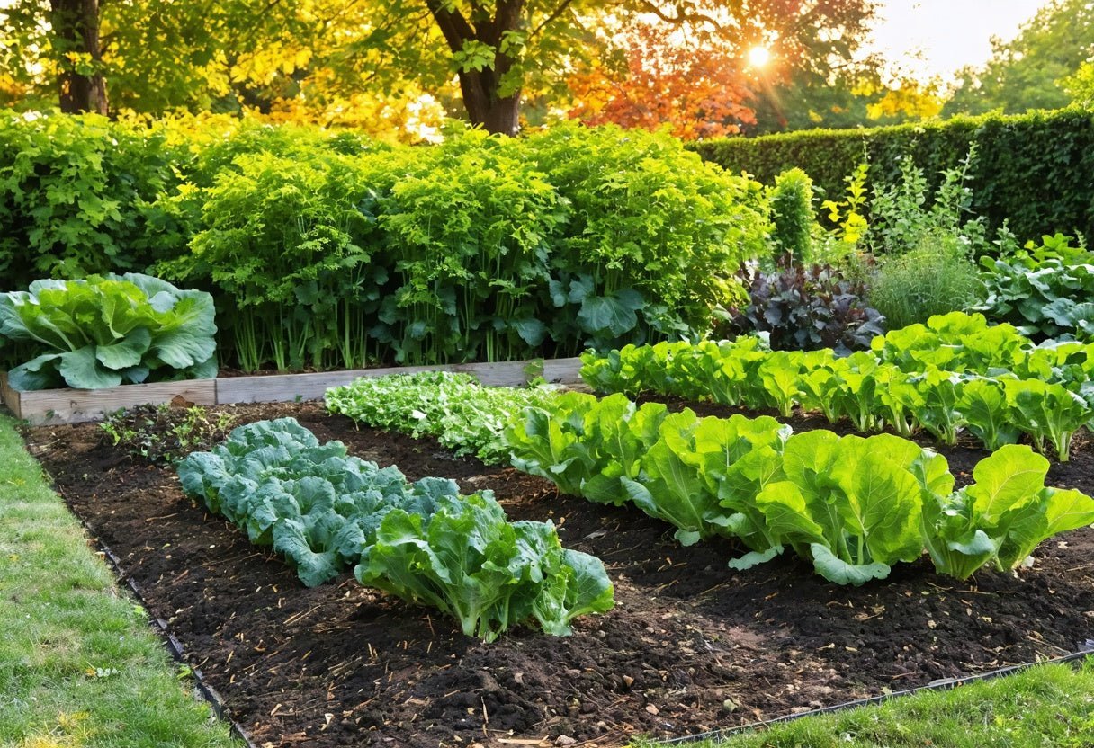 Lush raised beds with leafy greens and vegetables to inspire you to plant a fall garden organically