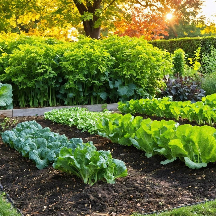 Lush raised beds with leafy greens and vegetables to inspire you to plant a fall garden organically