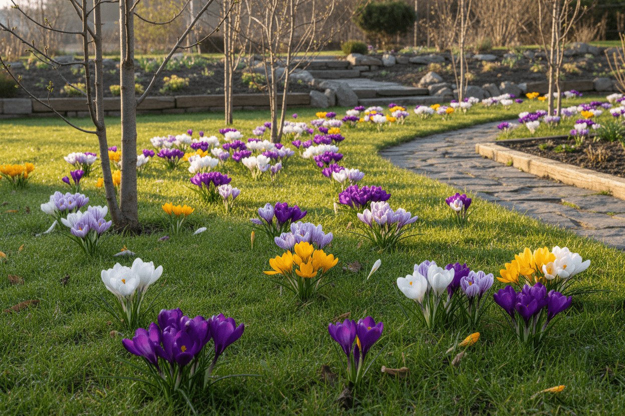 Colorful crocuses blooming in a backyard garden, perfect for inspiring home gardeners and outdoor spaces