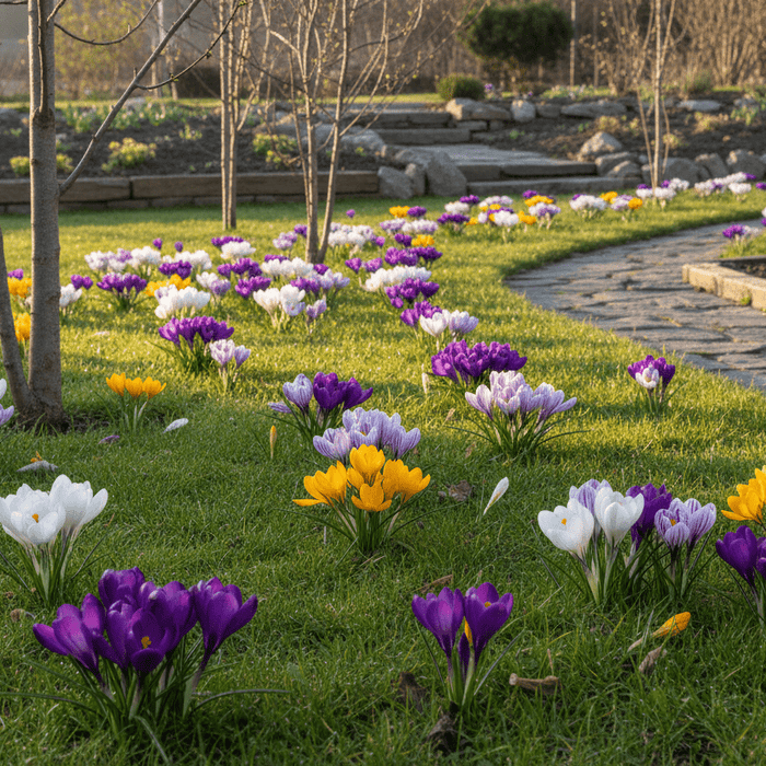 Colorful crocuses blooming in a backyard garden, perfect for inspiring home gardeners and outdoor spaces