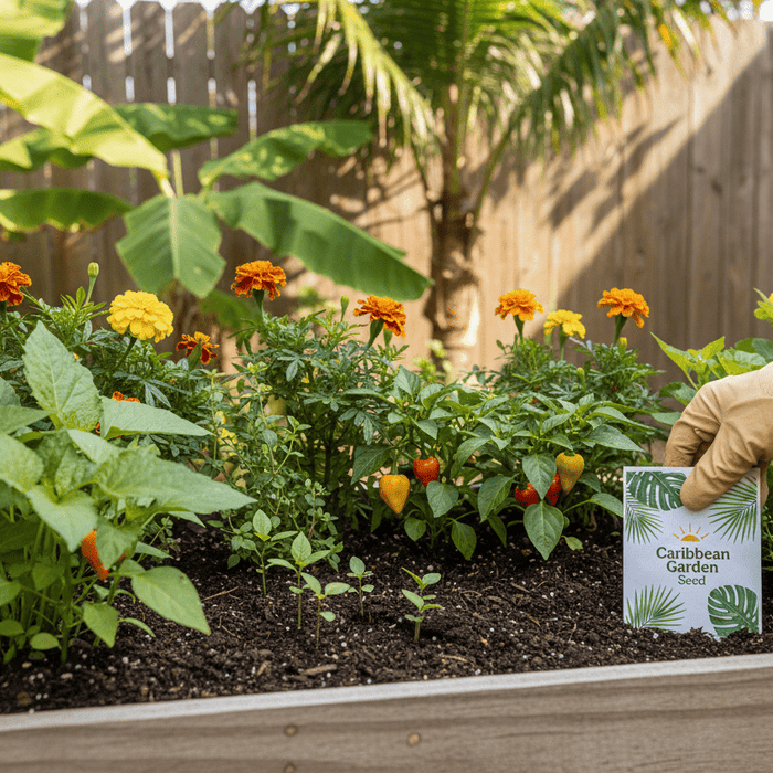 Planting caribbean garden seed in a vibrant backyard garden bed for home gardening inspiration