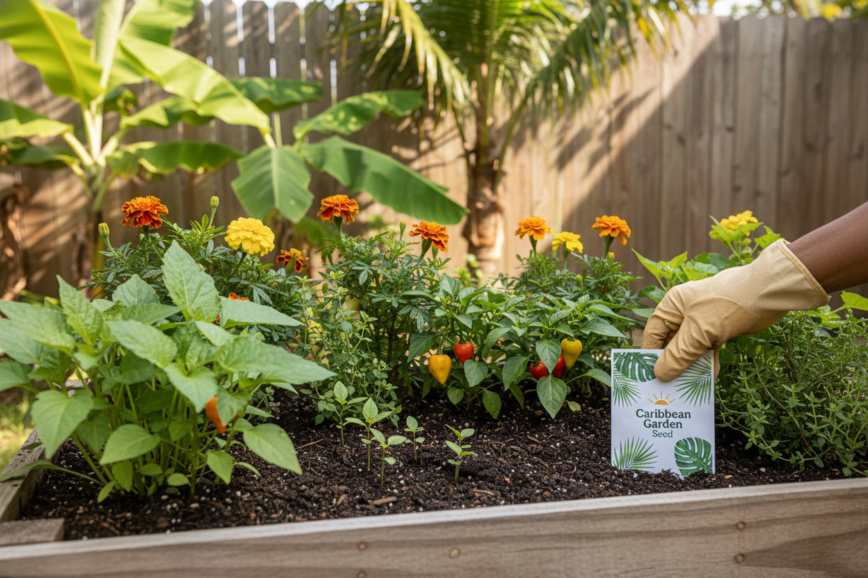 Planting caribbean garden seed in a vibrant backyard garden bed for home gardening inspiration