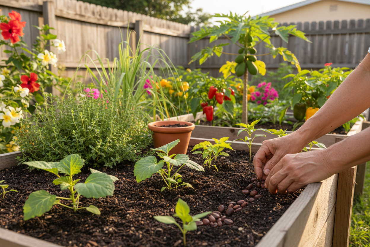 Planting caribbean garden seed in a vibrant backyard raised bed for home gardening inspiration